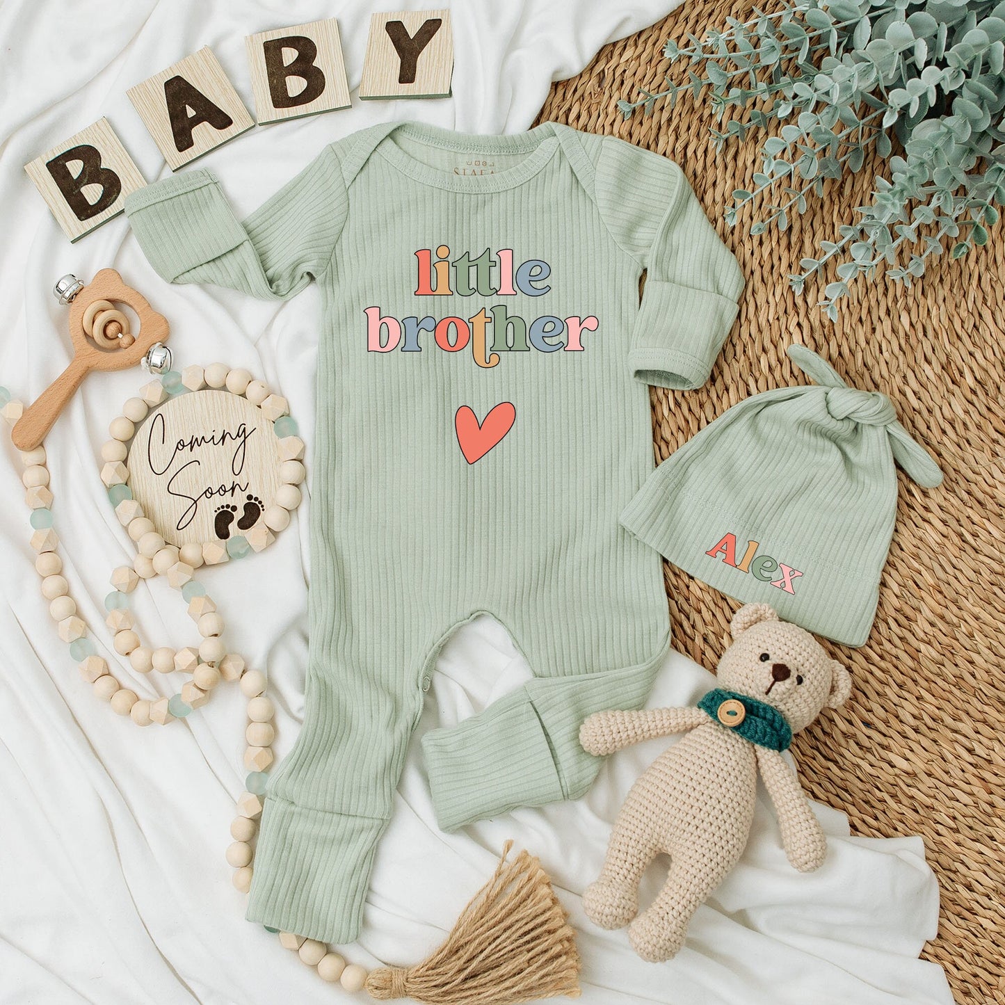 Little Brother Baby Bodysuit and Hat Set Playful Modern Unisex Newborn Outfit Colorful Letters Red Heart Design New Baby Gift