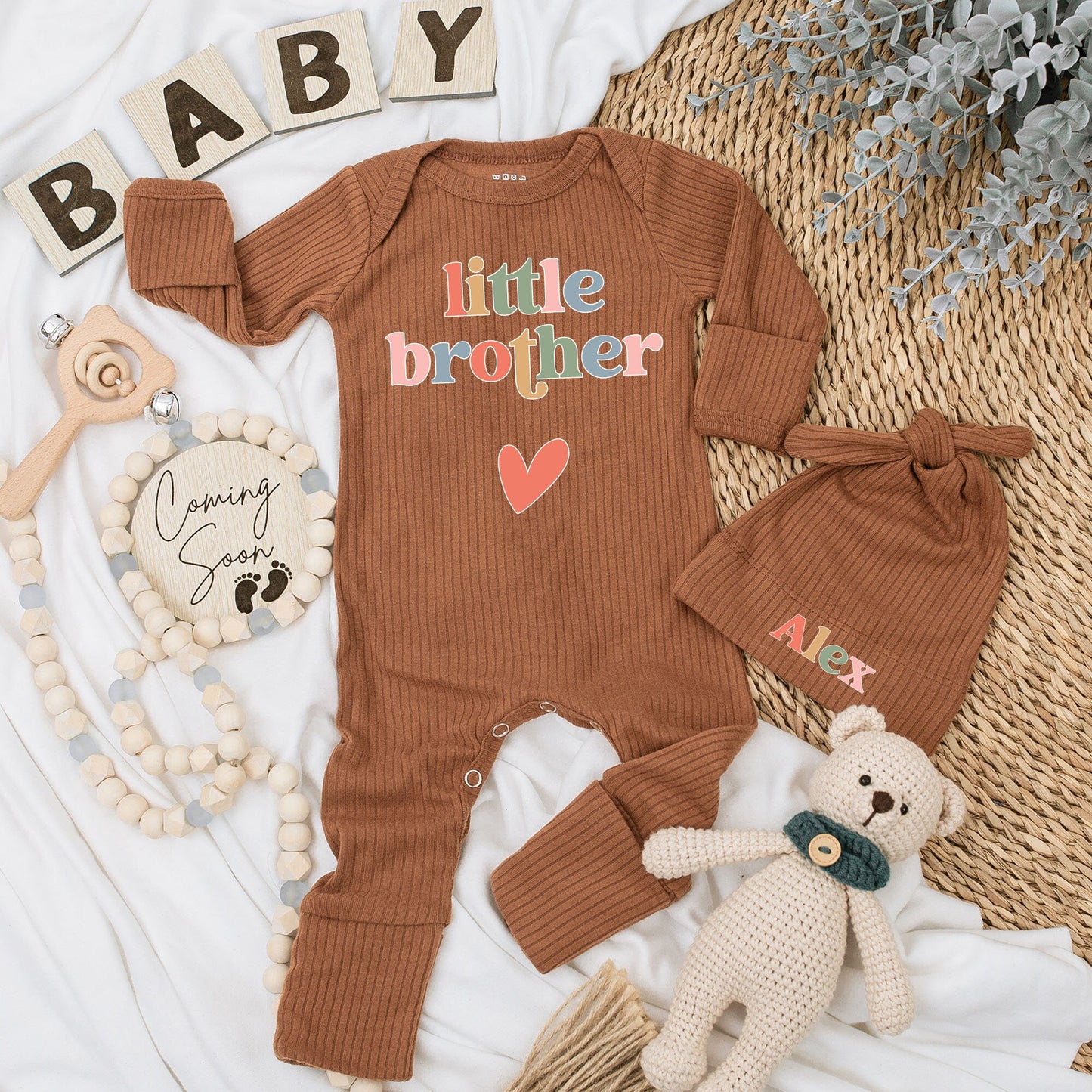Little Brother Baby Bodysuit and Hat Set Playful Modern Unisex Newborn Outfit Colorful Letters Red Heart Design New Baby Gift