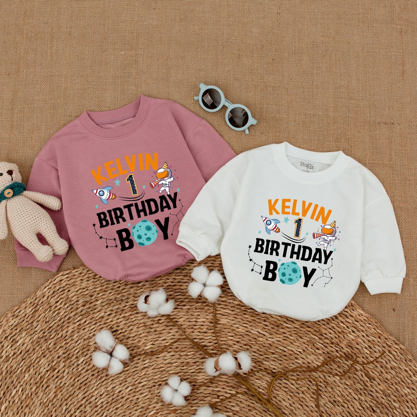 Personalized Space Birthday Boy Romper First Trip Around The Sun Bodysuit Astronaut Rocket Star Party Outfit with Custom Name