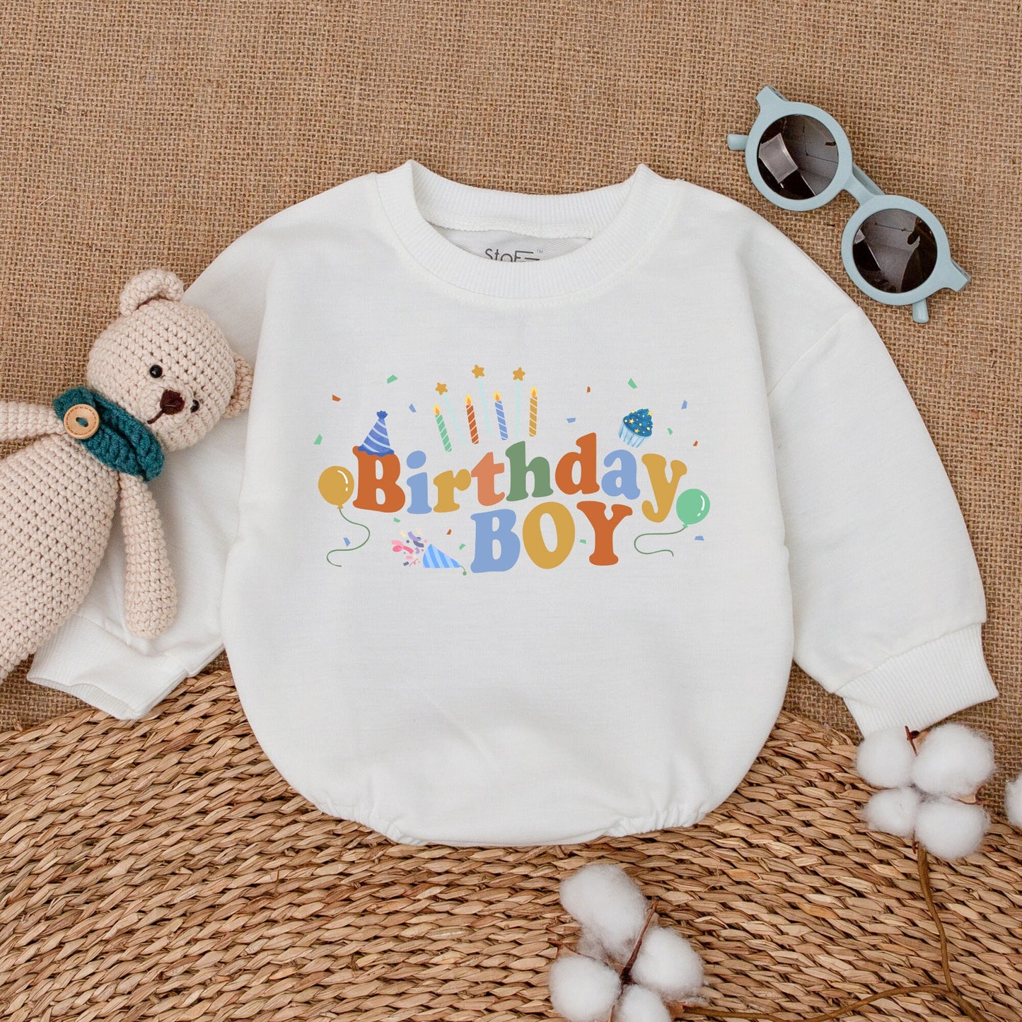 Personalized First Birthday Boy Romper Daniel's Name Bright Blue Orange Cake Smash Outfit with Confetti Candles Balloons Party Hat Design