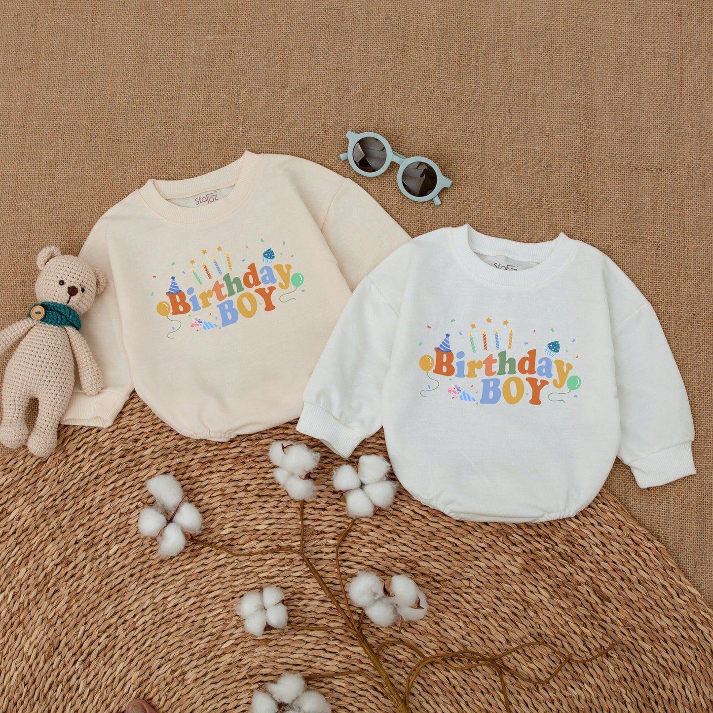 Personalized First Birthday Boy Romper Daniel's Name Bright Blue Orange Cake Smash Outfit with Confetti Candles Balloons Party Hat Design