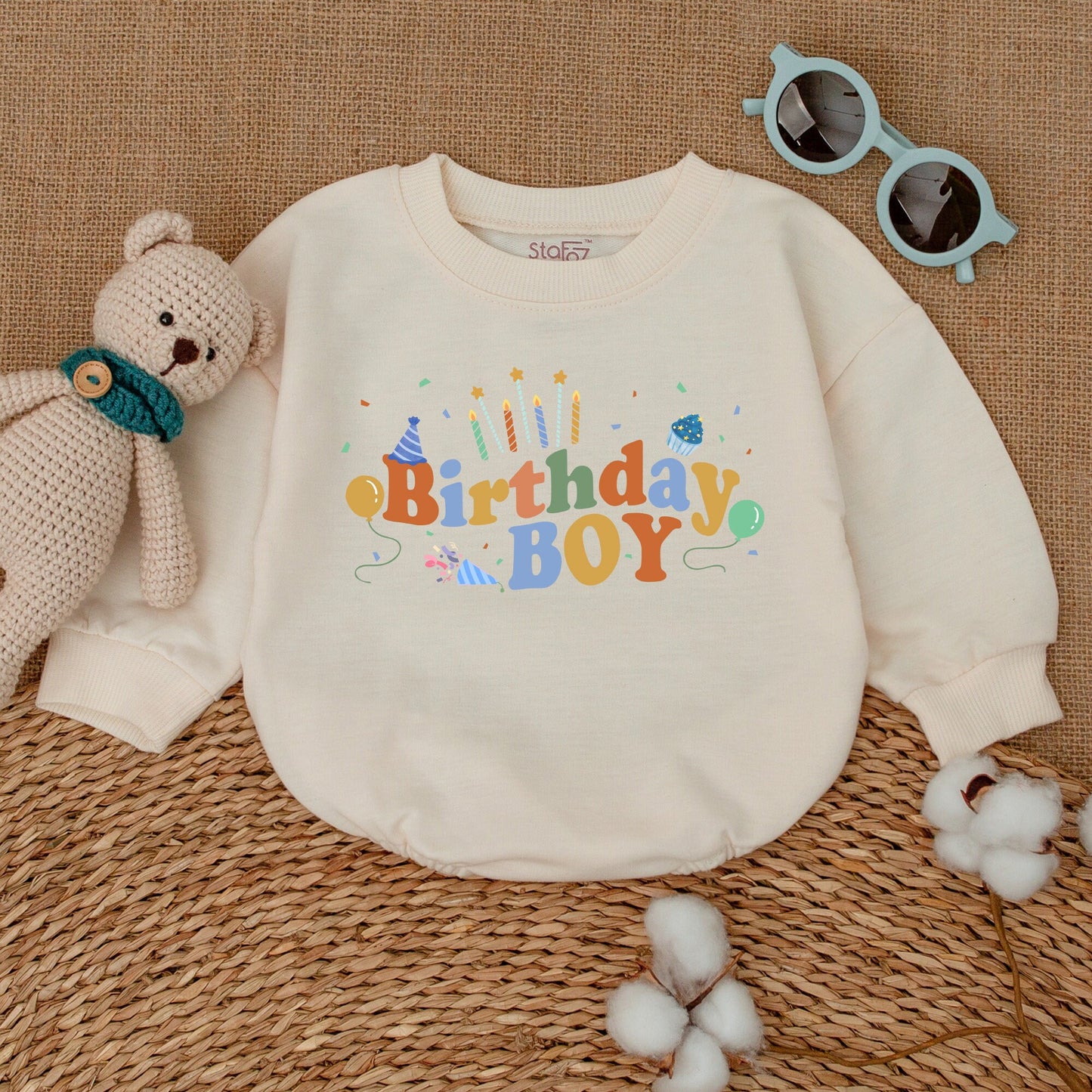 Personalized First Birthday Boy Romper Daniel's Name Bright Blue Orange Cake Smash Outfit with Confetti Candles Balloons Party Hat Design