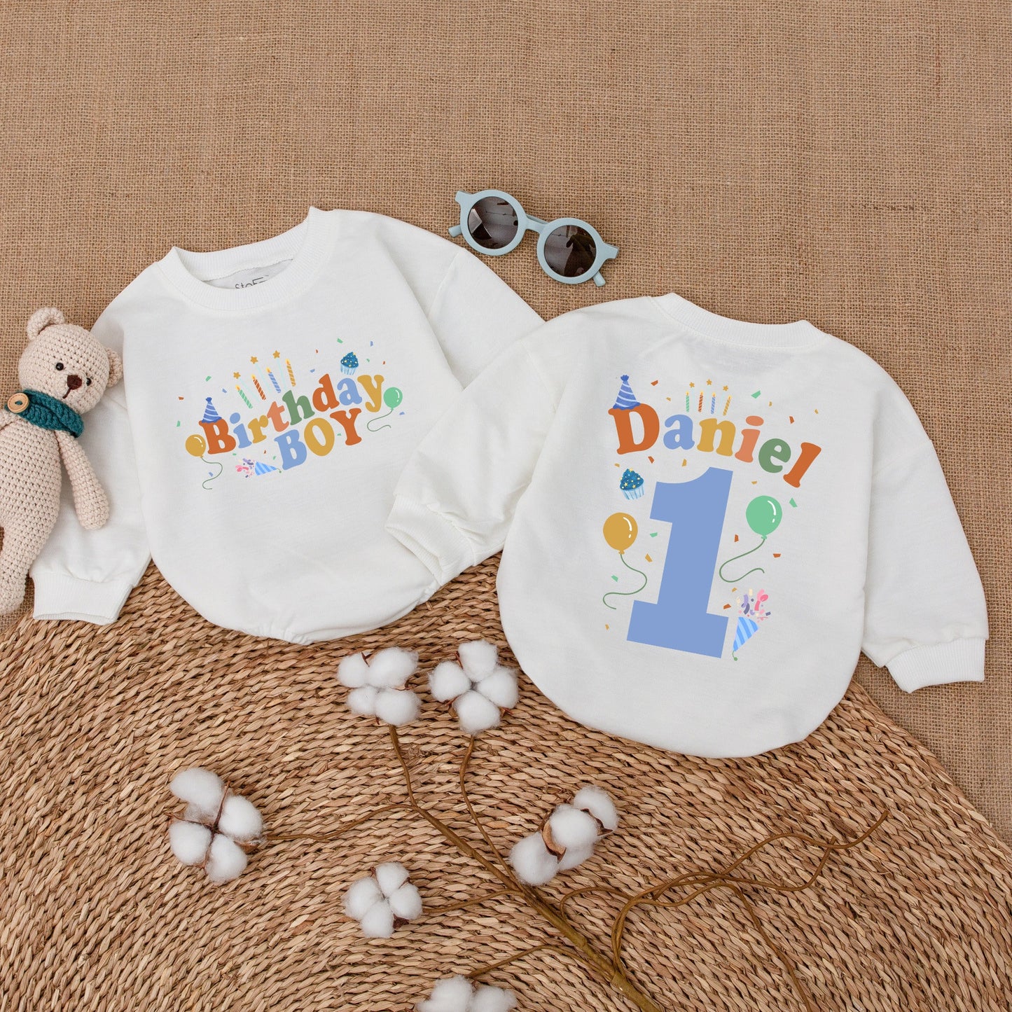 Personalized First Birthday Boy Romper Daniel's Name Bright Blue Orange Cake Smash Outfit with Confetti Candles Balloons Party Hat Design