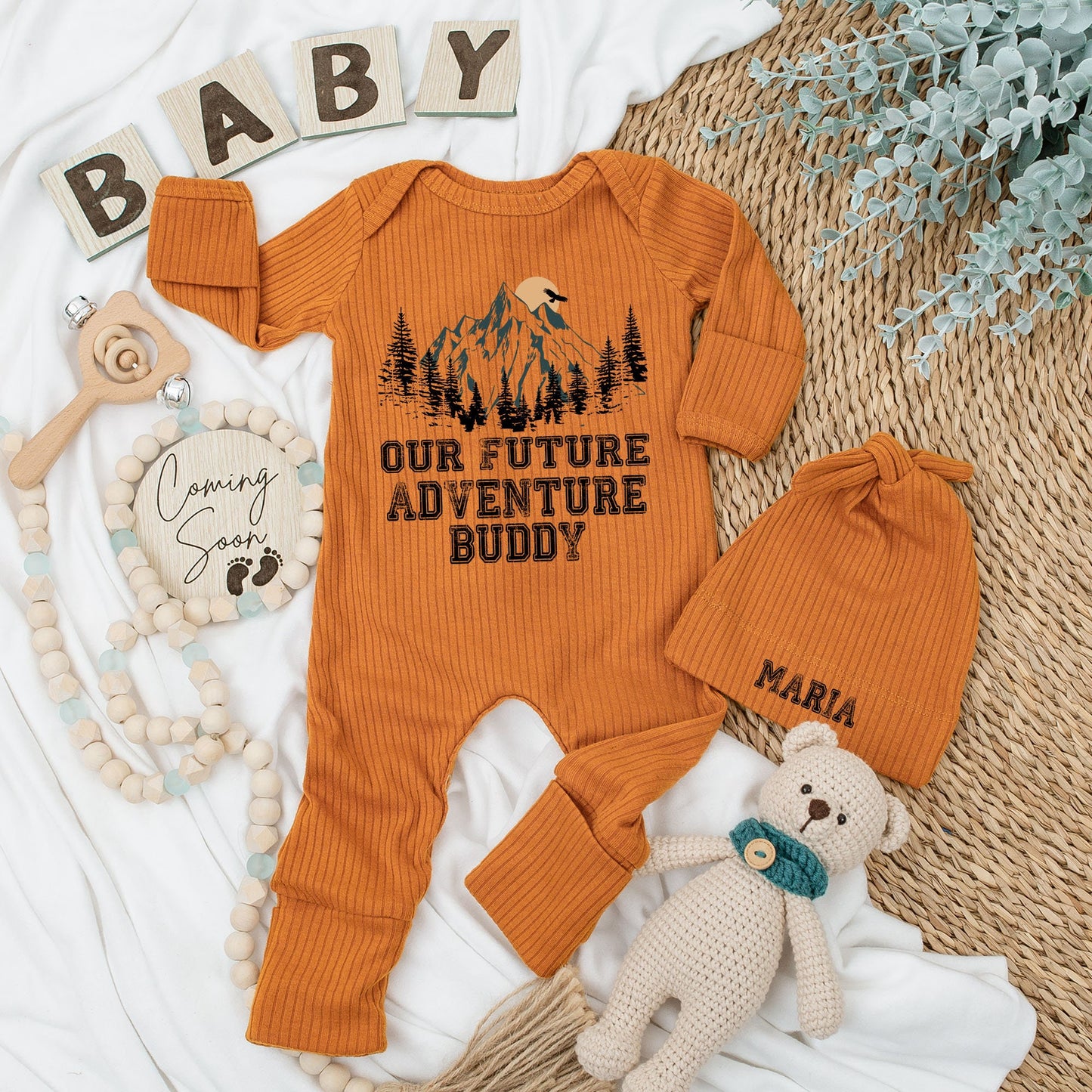 Soft Baby Bodysuit and Hat Set for Our Future Adventure Buddy National Park Camping Yellowstone Bison Pregnancy Announcement Gift