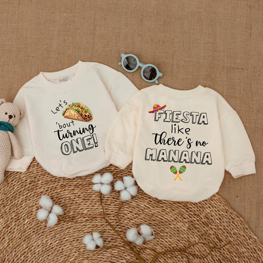 Baby Girl First Birthday Taco Bodysuit Fiesta Romper Let's Taco 'bout Turning ONE My First Fiesta Celebration Outfit with Playful Colorful Illustrations