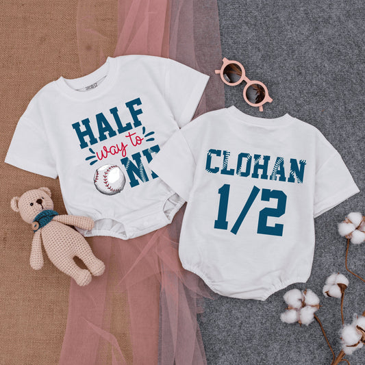 Custom Baseball Halfway to One Romper Baby Boy Girl Six Month 1/2 Birthday Outfit Personalized Name Blue Red Sporty Design Cotton Soft Gift