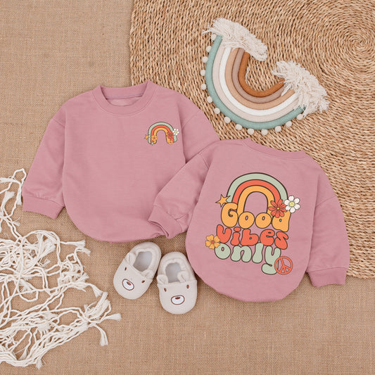 Good Vibes Only Groovy Rainbow Baby Girl Romper Retro 70s Birthday Outfit Bubble Bodysuit with Flower Star Peace Sign Design Clothes