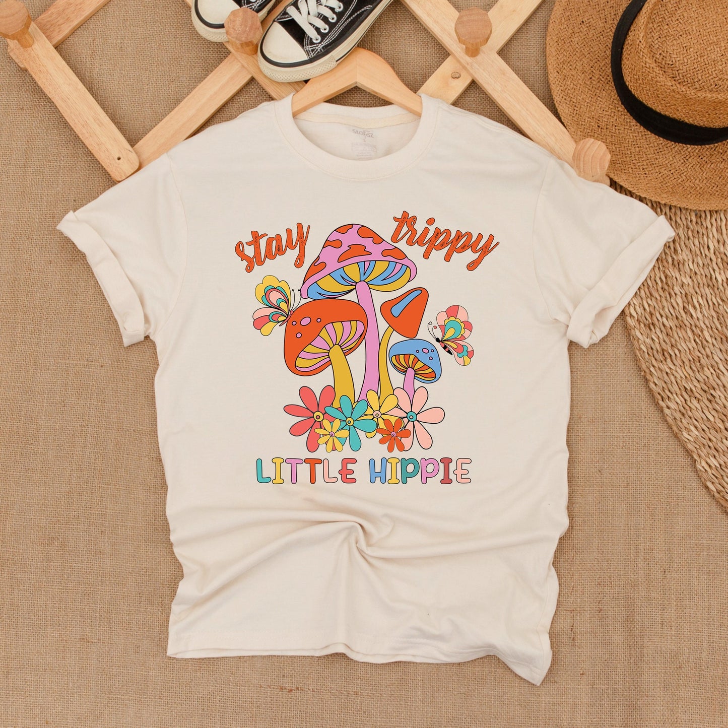 Stay Trippy Little Hippie Mushroom Shirt Retro Vintage Groovy Flower Butterfly Design Vibrant Boho Nature Lover Kids Youth Summer Apparel Soft Comfortable Cotton Tee
