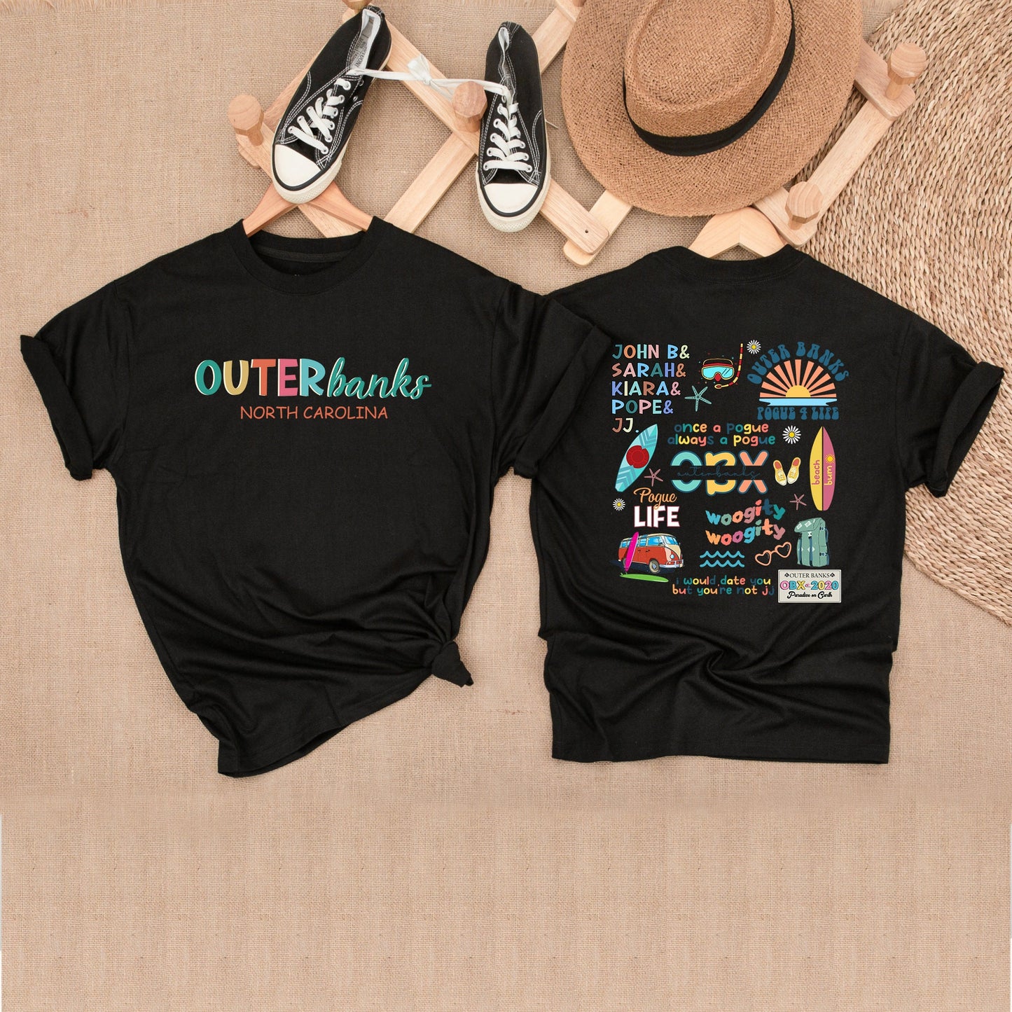 Outer Banks Pogue Life Shirt Unisex OBX North Carolina Summer Tee featuring John B, Sarah, Kiara, Pope, JJ & Surfboard, Comfortable Cotton