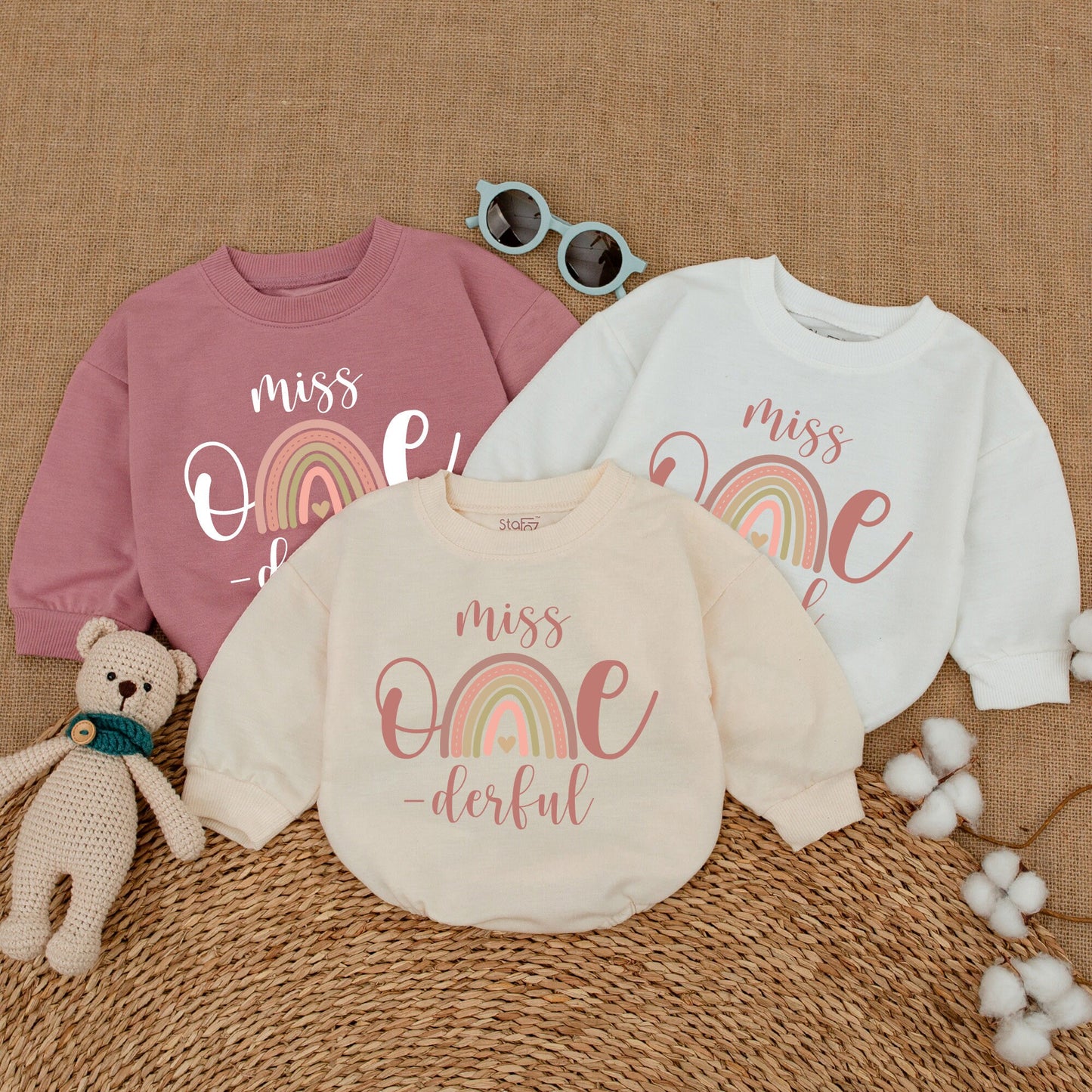 Miss Onederful First Birthday Boho Rainbow Romper for Baby Girls One Year Outfit Bodysuit Cake Smash Soft Cotton Baby Shower Gift