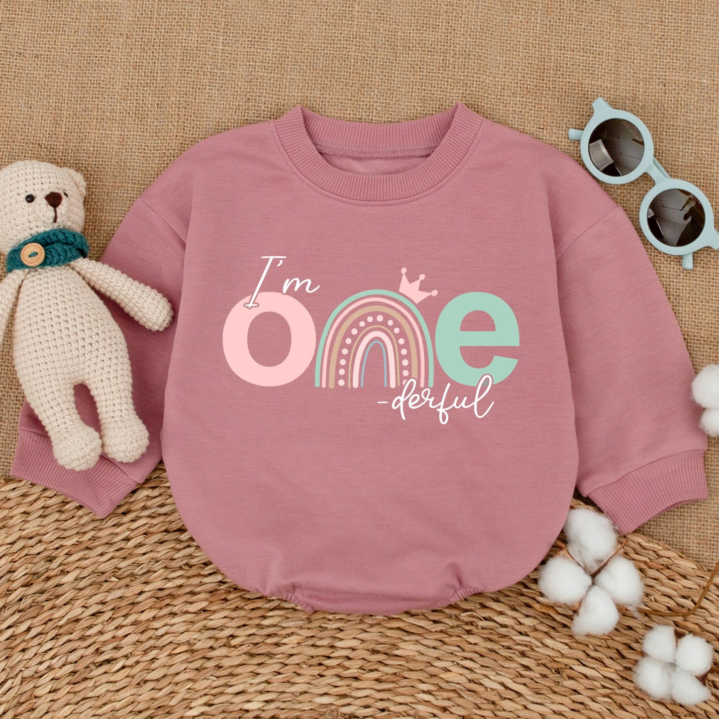Onederful First Birthday Girl Romper Rainbow Crown Bodysuit Pink Teal One Year Old Smash Cake Outfit Adorable Baby Shower Gift