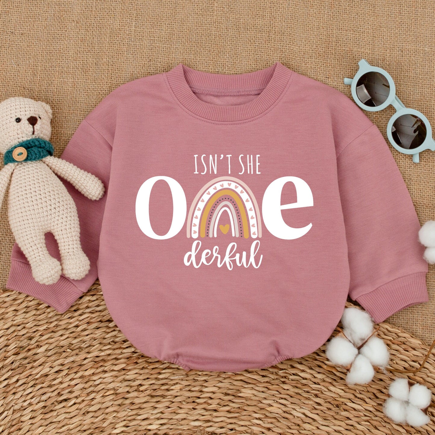 Isn't She ONEderful First Birthday Romper Boho Rainbow Baby Girl Bodysuit Pastel Pink Whimsical Celebration Outfit One Year Old Gift