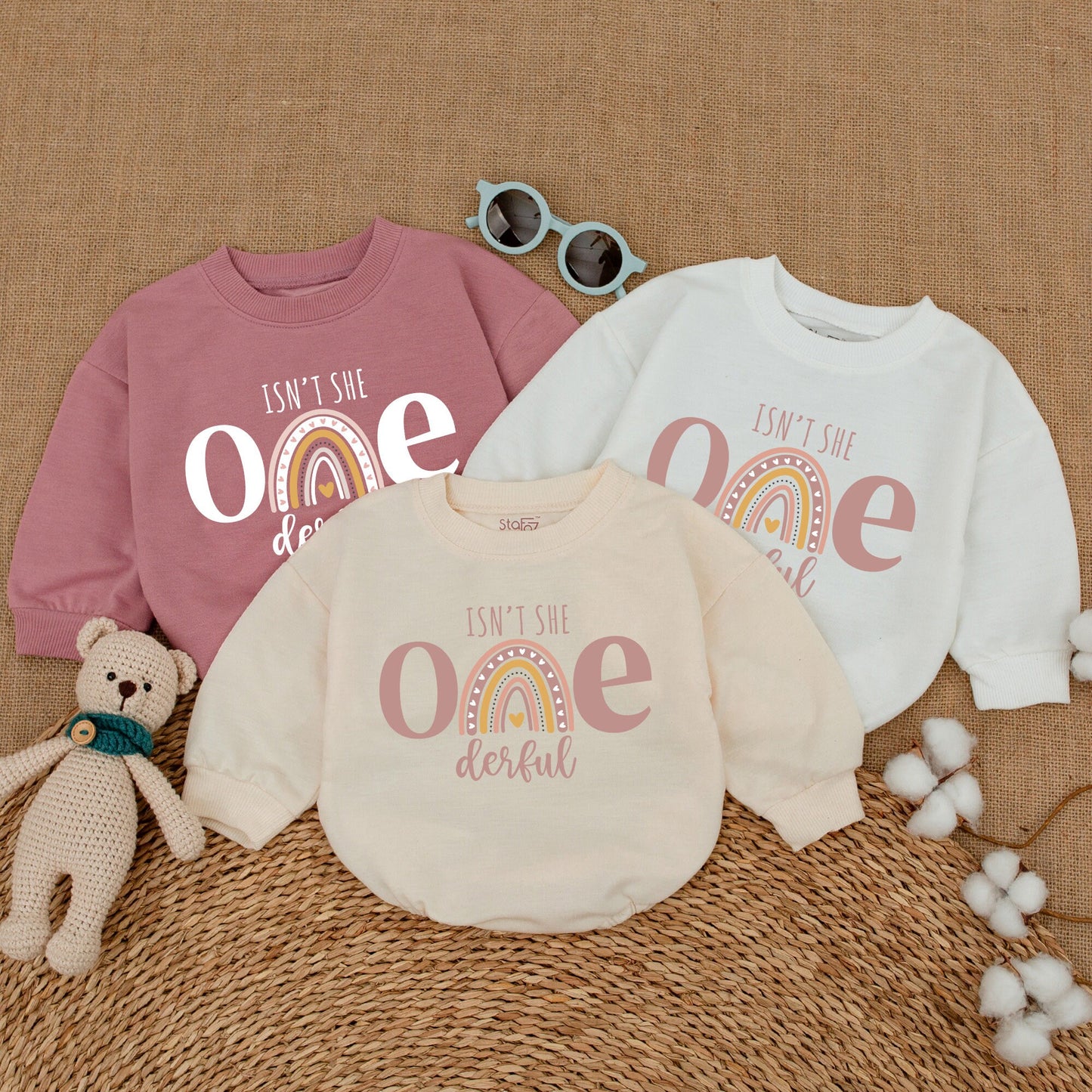 Isn't She ONEderful First Birthday Romper Boho Rainbow Baby Girl Bodysuit Pastel Pink Whimsical Celebration Outfit One Year Old Gift