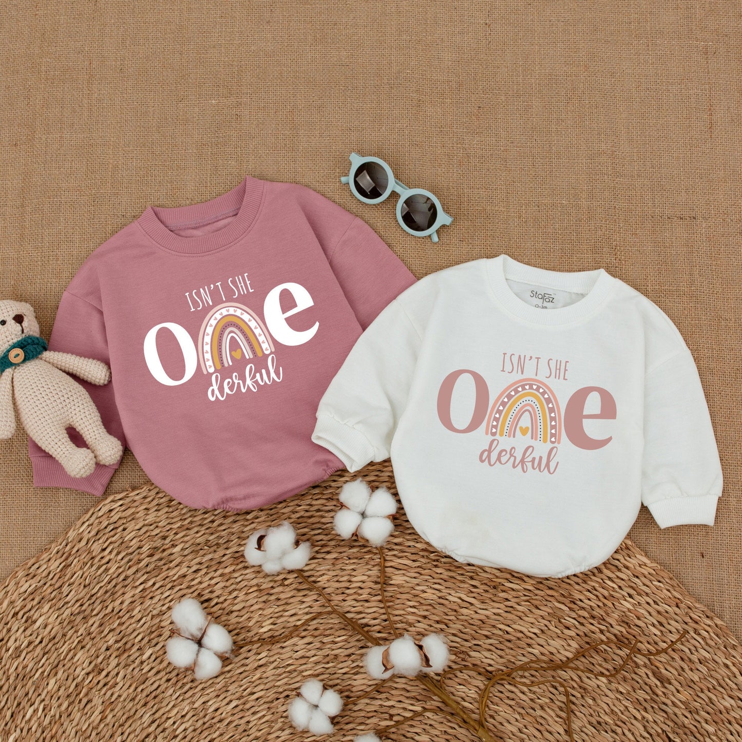 Isn't She ONEderful First Birthday Romper Boho Rainbow Baby Girl Bodysuit Pastel Pink Whimsical Celebration Outfit One Year Old Gift