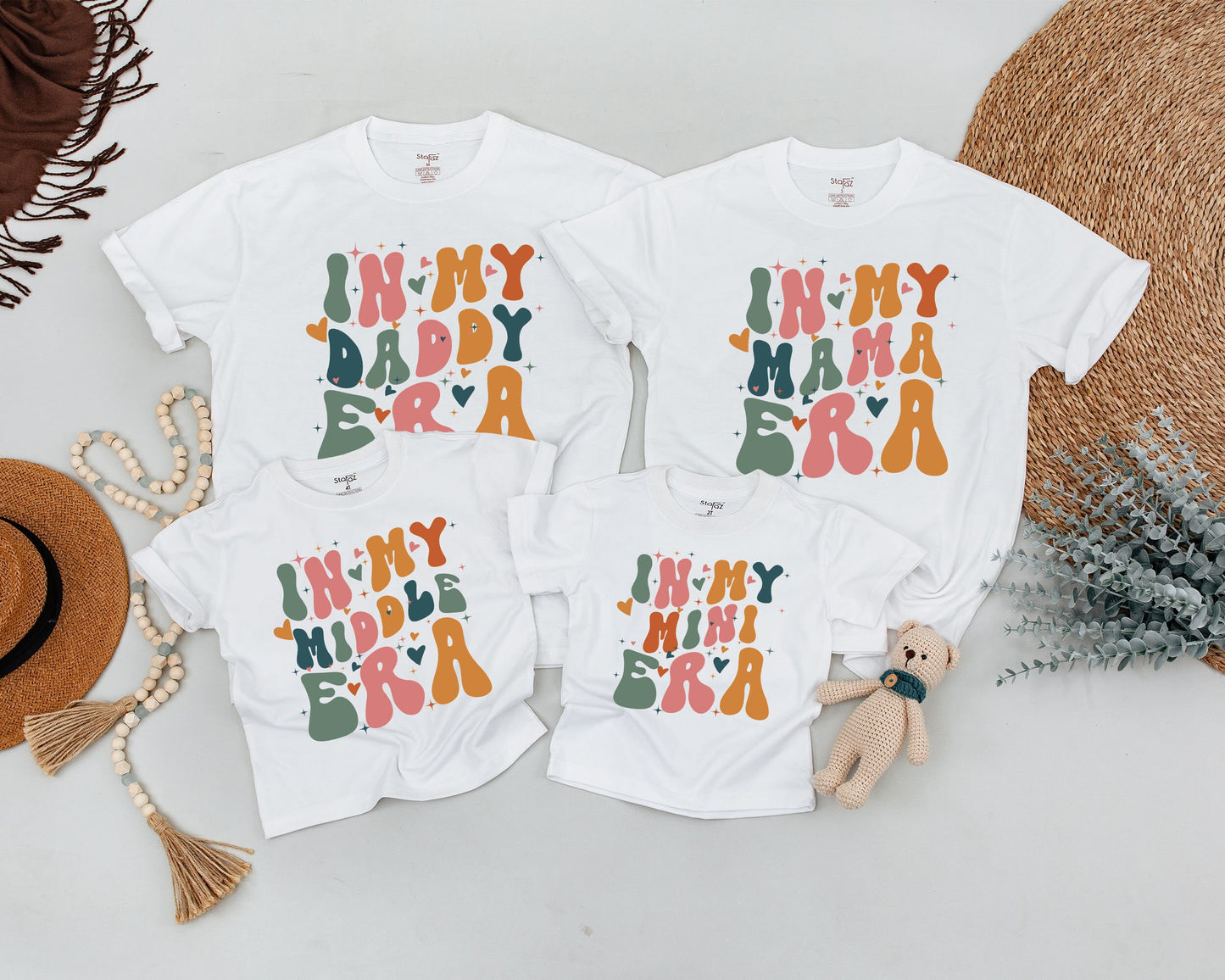 Personalized In My Mama Mini Era Matching Mommy and Me Shirts Groovy Bubble Font Retro Muted Green Orange Pink Hearts Starbursts Playful Vintage Mother's Day Gift