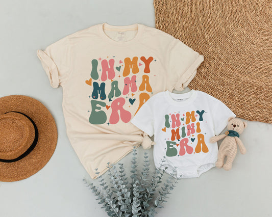 Personalized In My Mama Mini Era Matching Mommy and Me Shirts Groovy Bubble Font Retro Muted Green Orange Pink Hearts Starbursts Playful Vintage Mother's Day Gift