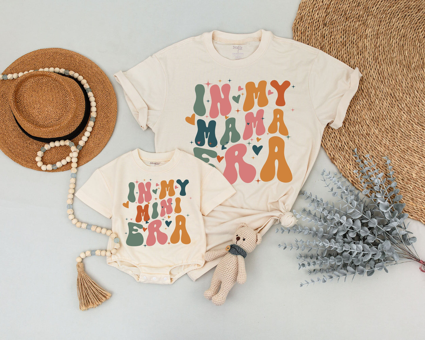 Personalized In My Mama Mini Era Matching Mommy and Me Shirts Groovy Bubble Font Retro Muted Green Orange Pink Hearts Starbursts Playful Vintage Mother's Day Gift