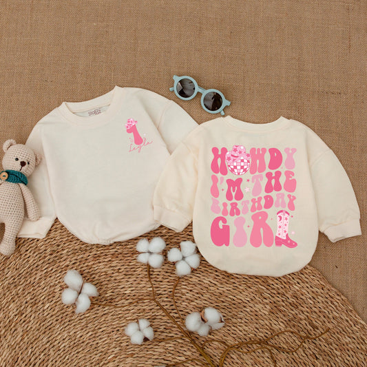 Personalized Baby Girl Howdy I'm The Birthday Girl Romper, 1st Birthday Cowgirl Outfit First Rodeo Celebration Bodysuit Western Bubble Romper Baby Shower Gift
