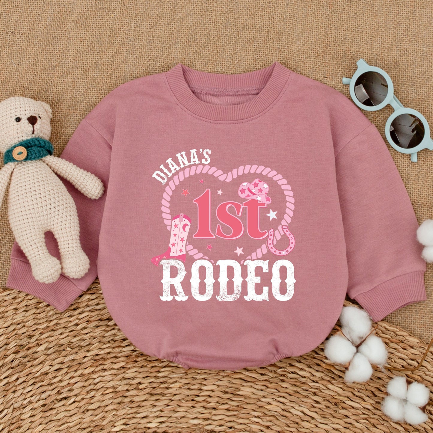Personalized Pink 1st Rodeo Birthday Baby Girl Romper Western Cowgirl Outfit Soft Cotton Star Hat Boot Vintage Country Party