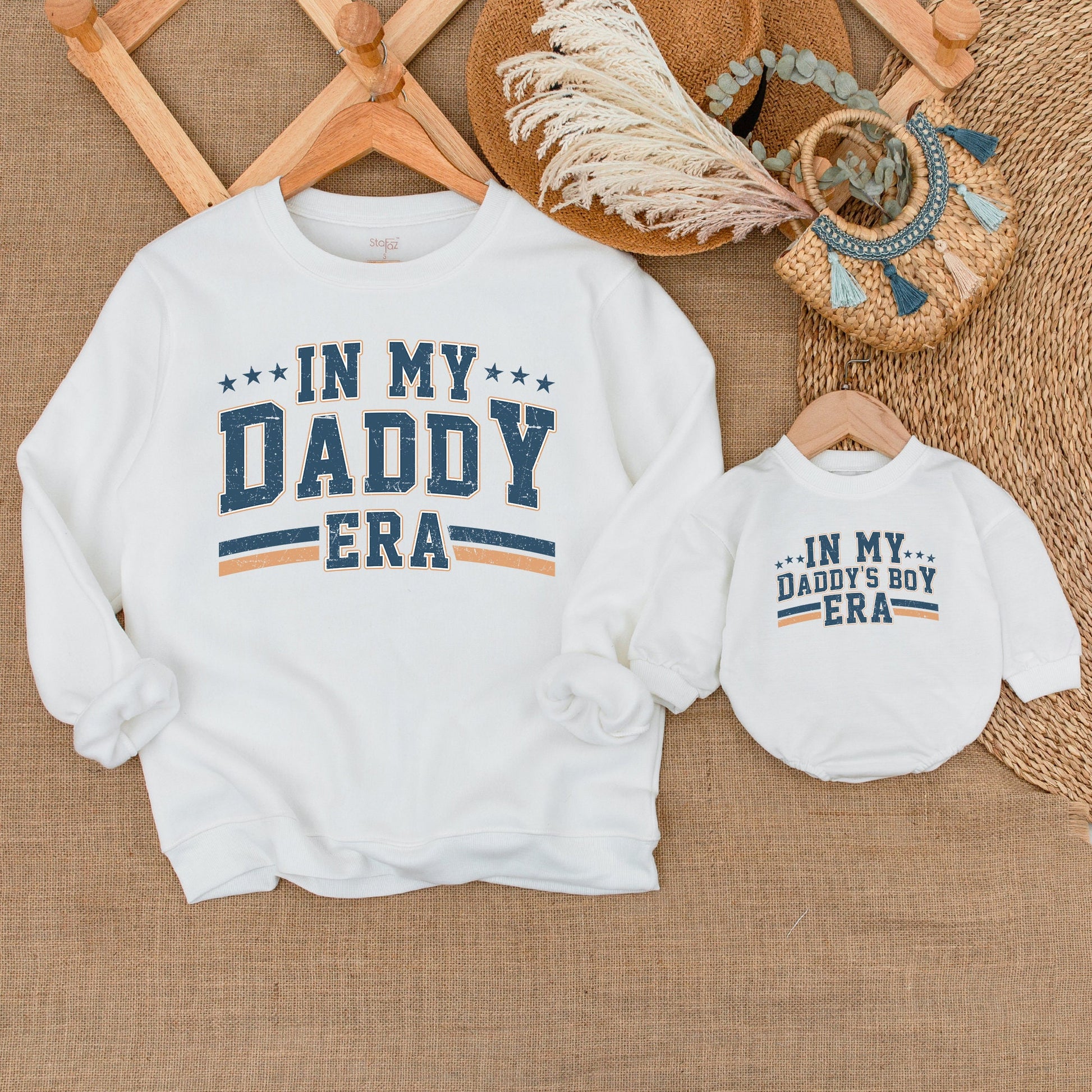 Matching Dad and Son Sweatshirt Set "IN MY DADDY ERA" Distressed Navy Orange Stripe Playful Father's Day Gift Baby Boy Bodysuit New Dad Outfit