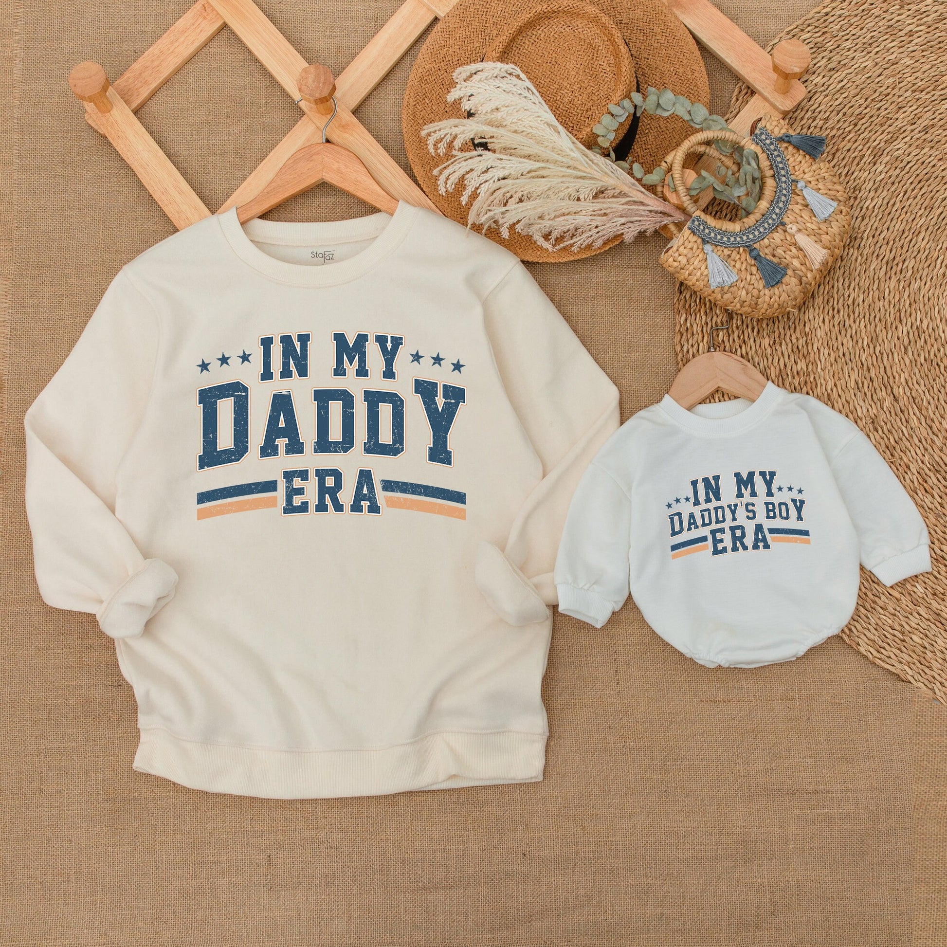 Matching Dad and Son Sweatshirt Set "IN MY DADDY ERA" Distressed Navy Orange Stripe Playful Father's Day Gift Baby Boy Bodysuit New Dad Outfit