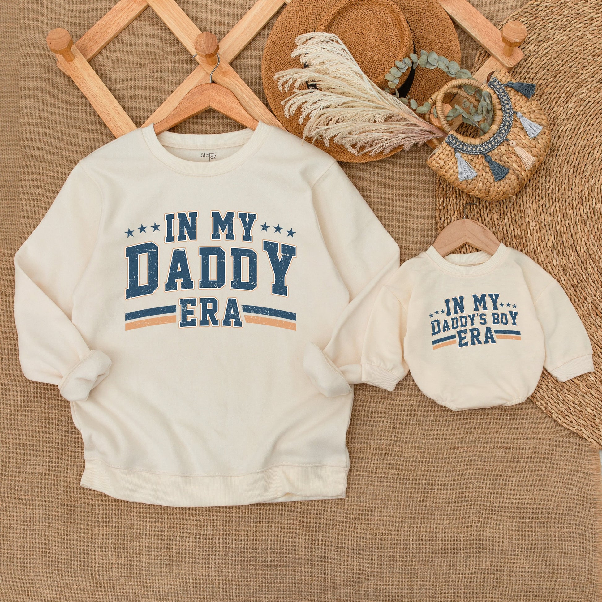 Matching Dad and Son Sweatshirt Set "IN MY DADDY ERA" Distressed Navy Orange Stripe Playful Father's Day Gift Baby Boy Bodysuit New Dad Outfit