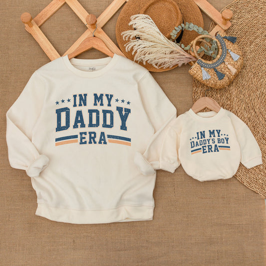 Matching Dad and Son Sweatshirt Set "IN MY DADDY ERA" Distressed Navy Orange Stripe Playful Father's Day Gift Baby Boy Bodysuit New Dad Outfit