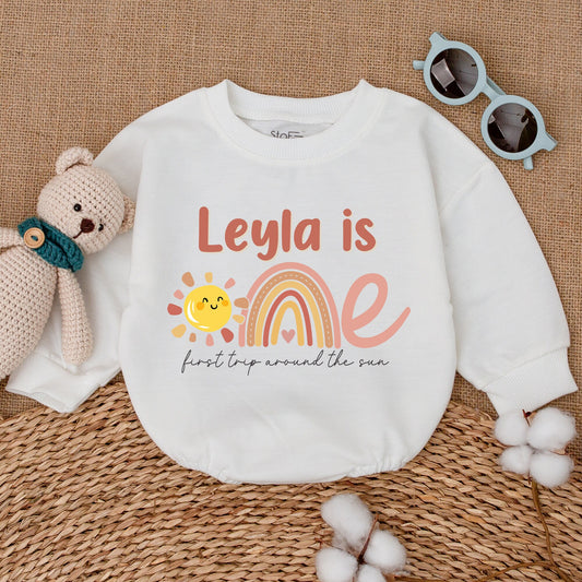 Personalized First Trip Around the Sun Romper for Baby Girl's 1st Birthday with Boho Sun Rainbow Pastel Design Sweet Sunshine Smash Cake Outfit Gift