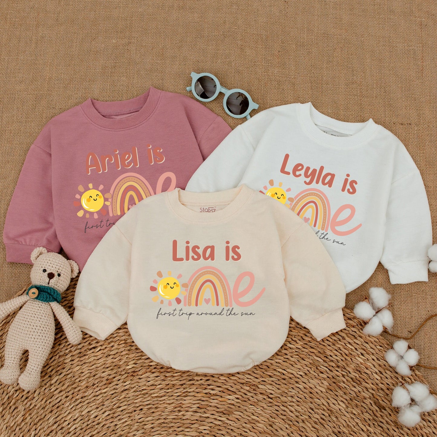 Personalized First Trip Around the Sun Romper for Baby Girl's 1st Birthday with Boho Sun Rainbow Pastel Design Sweet Sunshine Smash Cake Outfit Gift