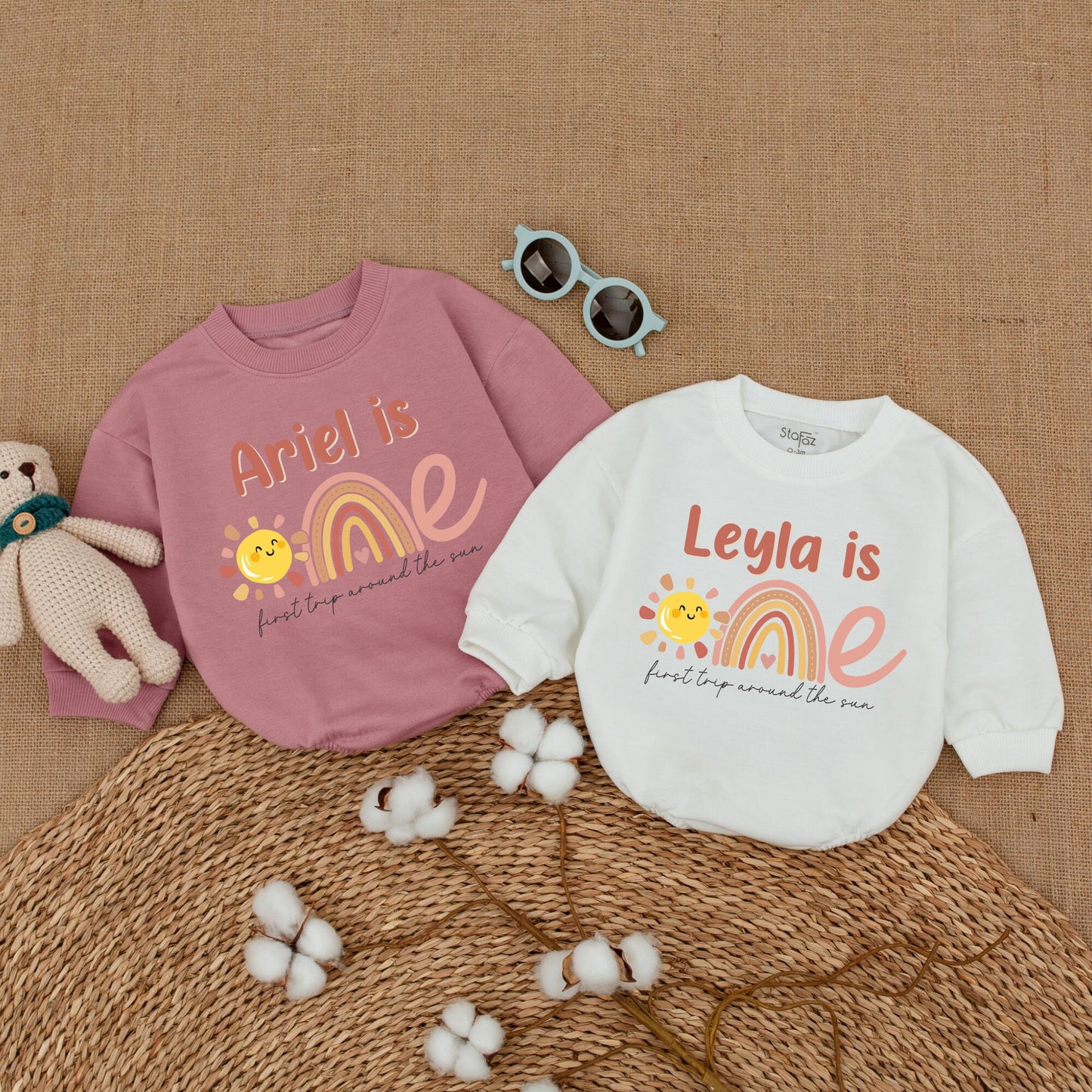 Personalized First Trip Around the Sun Romper for Baby Girl's 1st Birthday with Boho Sun Rainbow Pastel Design Sweet Sunshine Smash Cake Outfit Gift