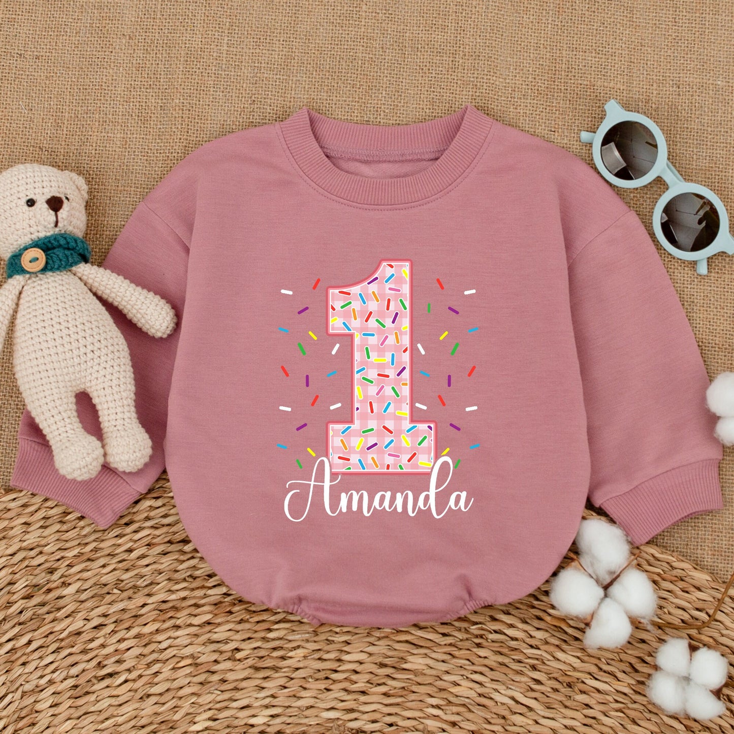 Personalized Pink Gingham Donut First Birthday Romper Sweet One Girl with Sprinkles & Amanda's Name, adorable Baby Bodysuit Smash Cake Outfit