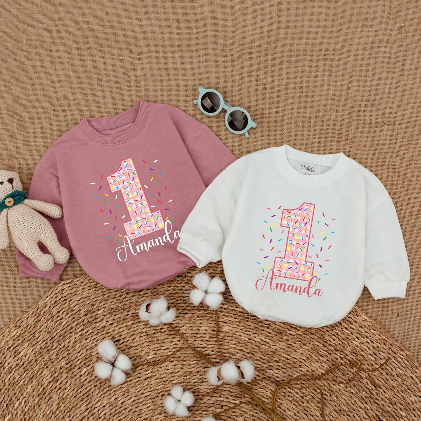 Personalized Pink Gingham Donut First Birthday Romper Sweet One Girl with Sprinkles & Amanda's Name, adorable Baby Bodysuit Smash Cake Outfit