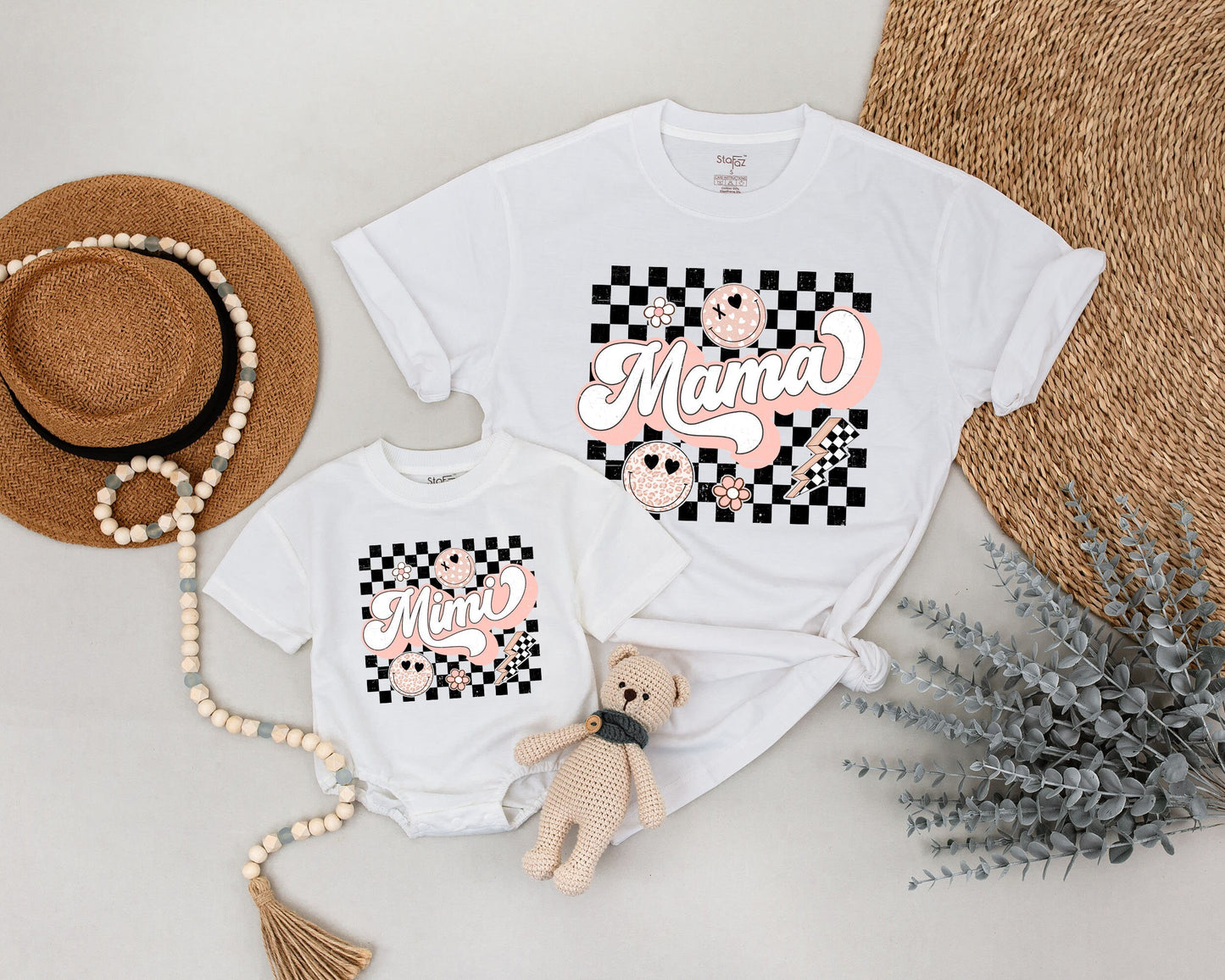 Personalized Retro Mommy and Me Shirts with Black Checkered Smiley Faces, Vibrant Pink Mama Mini Script, Playful Vintage Design Comfort Tees, Perfect Mother's Day Gift