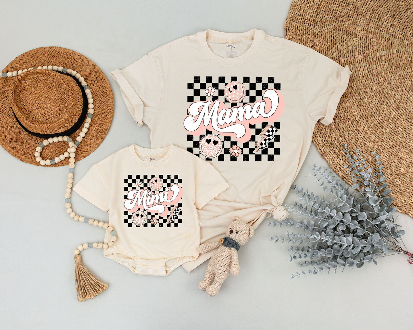 Personalized Retro Mommy and Me Shirts with Black Checkered Smiley Faces, Vibrant Pink Mama Mini Script, Playful Vintage Design Comfort Tees, Perfect Mother's Day Gift
