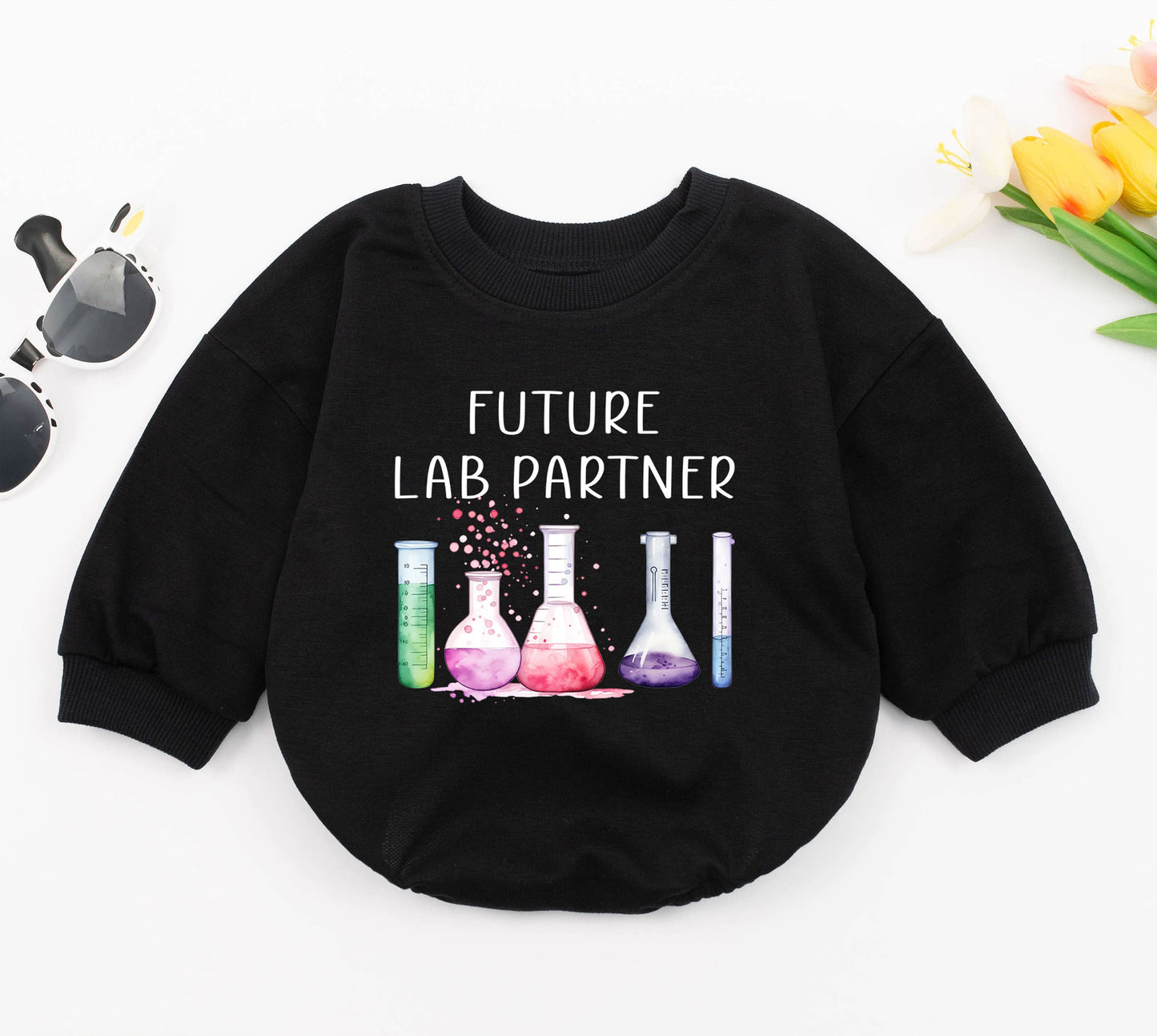 Future Lab Partner Science Baby Romper Bodysuit Cute Scientist Gift, adorable watercolor lab glassware design with pink purple green liquids, perfect future chemist new born outfit.