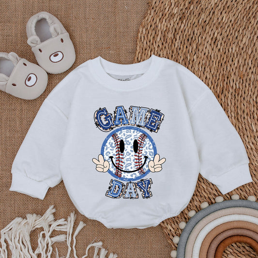Cute Game Day Baby Baseball Bubble Romper Outfit Newborn Bodysuit for Infant Boys & Girls Playful Smiley Face Peace Sign Blue Red Leopard Print Design
