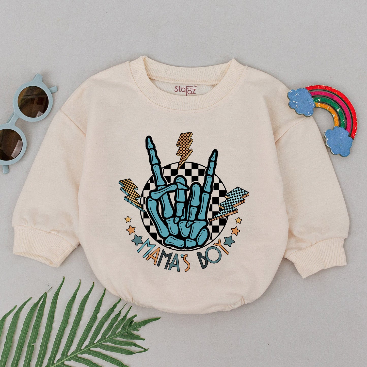 Retro Mama's Boy Baby Romper Rock On Skeleton Hand Light Blue Checkered Lightning Design Soft Newborn Bodysuit Unique Mother's Day Gift for Boys
