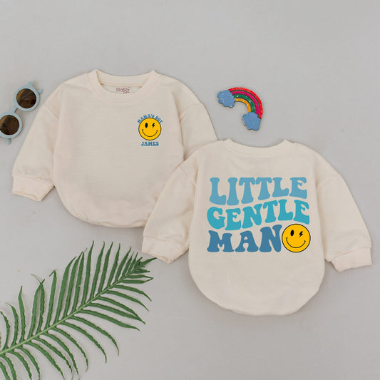 Personalized Mama's Boy Little Gentleman Baby Romper Bodysuit Yellow Smiley Face Light Blue Vintage Cheerful Design Newborn Baby Shower Gift Idea