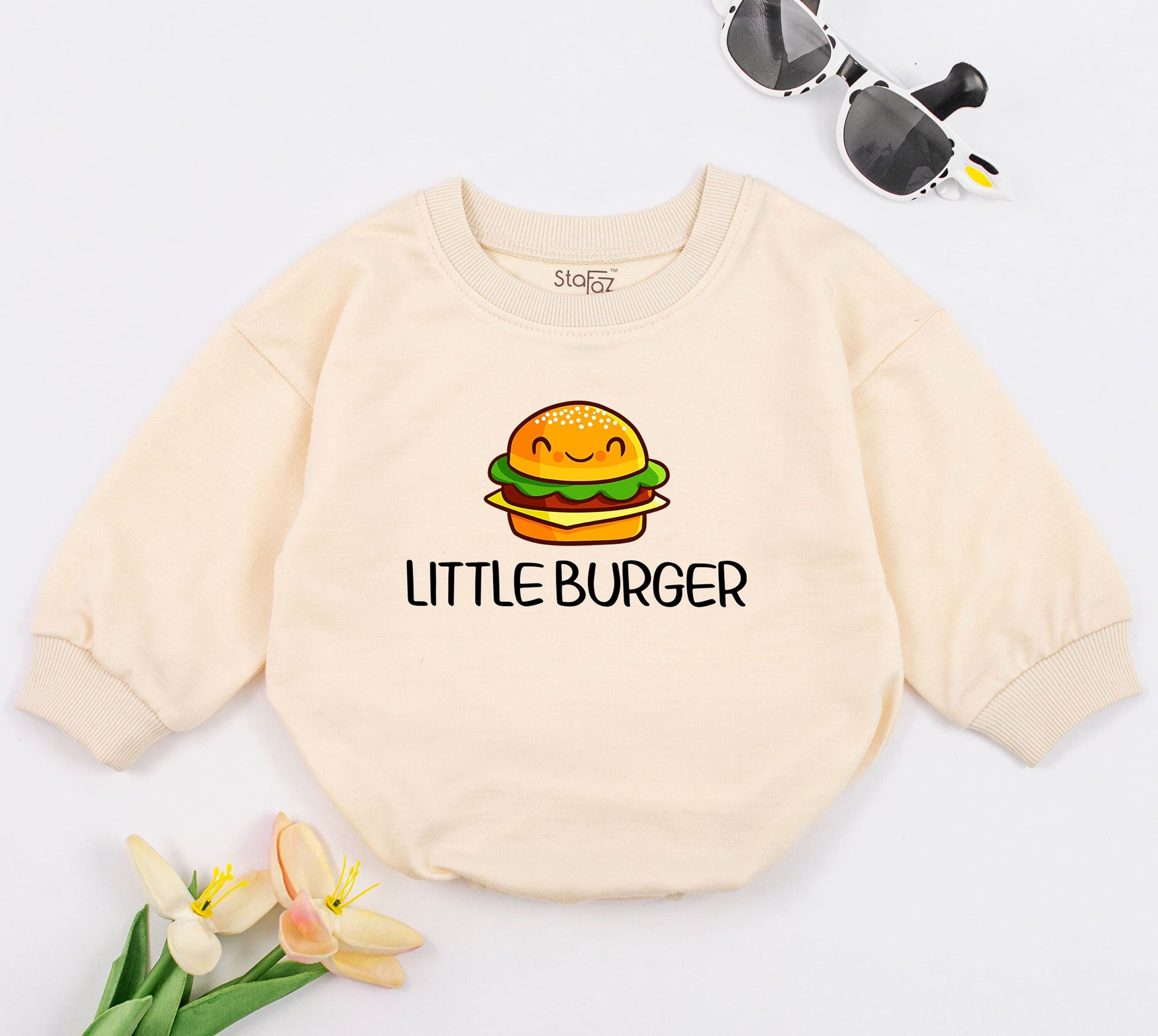 Adorable Little Burger Baby Romper with Smiling Cheeseburger Graphic Yellow Brown Green Layers Newborn Bodysuit Cute Hamburger Outfit Foodie Gift