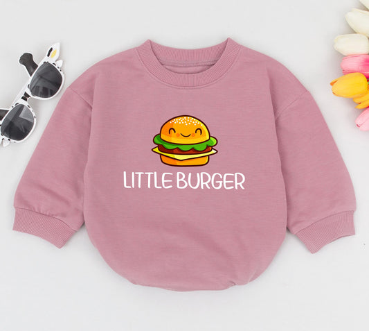 Adorable Little Burger Baby Romper with Smiling Cheeseburger Graphic Yellow Brown Green Layers Newborn Bodysuit Cute Hamburger Outfit Foodie Gift