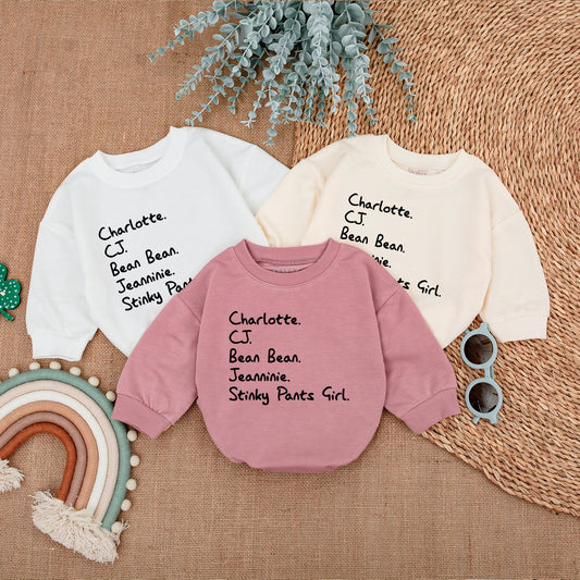 Custom Nickname Baby Bubble Romper with Playful Stacked Names Design Black Text Minimalist Infant Outfit Comfy Newborn Shower Gift