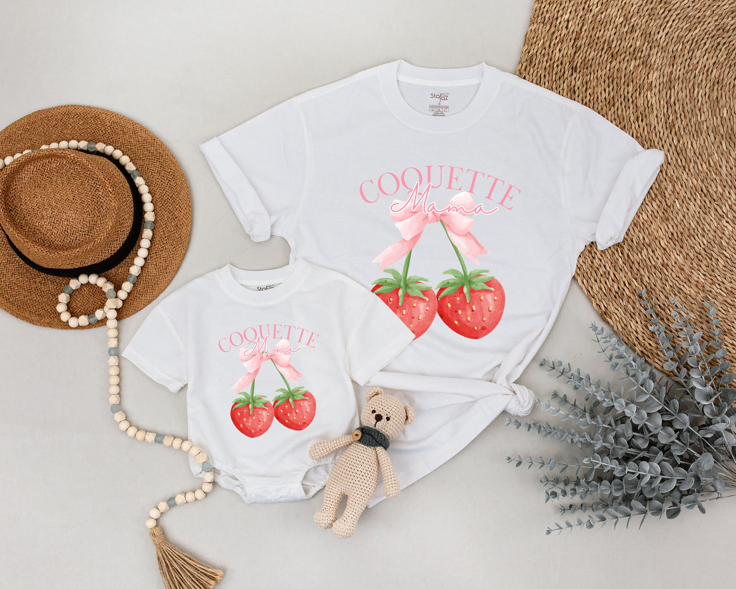 Coquette Mama and Mini Matching Strawberry Shirts Pink Bow Watercolor Berry Mom Daughter First Mother's Day Gift Cute Playful Summer Attire