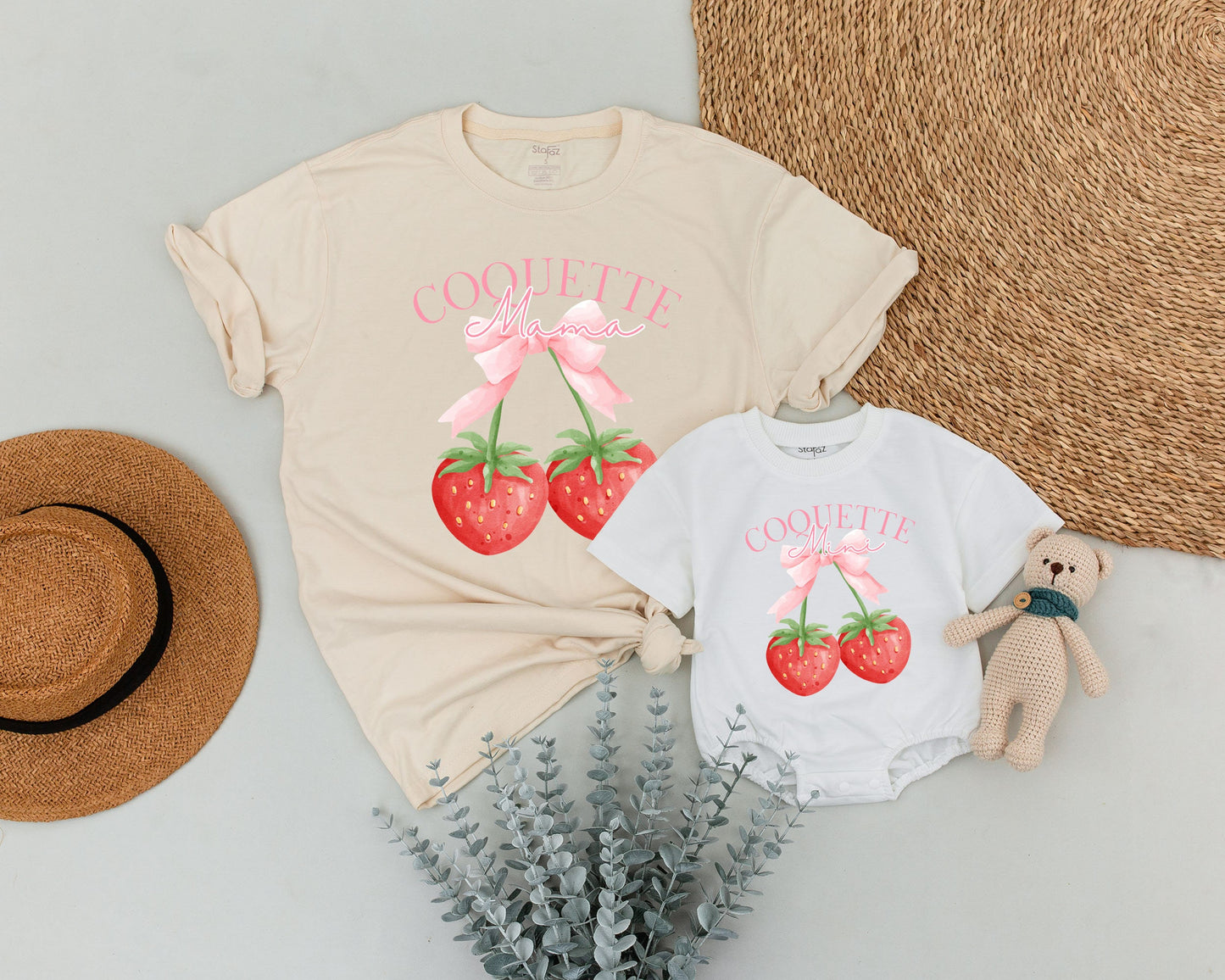 Coquette Mama and Mini Matching Strawberry Shirts Pink Bow Watercolor Berry Mom Daughter First Mother's Day Gift Cute Playful Summer Attire