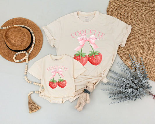 Coquette Mama and Mini Matching Strawberry Shirts Pink Bow Watercolor Berry Mom Daughter First Mother's Day Gift Cute Playful Summer Attire