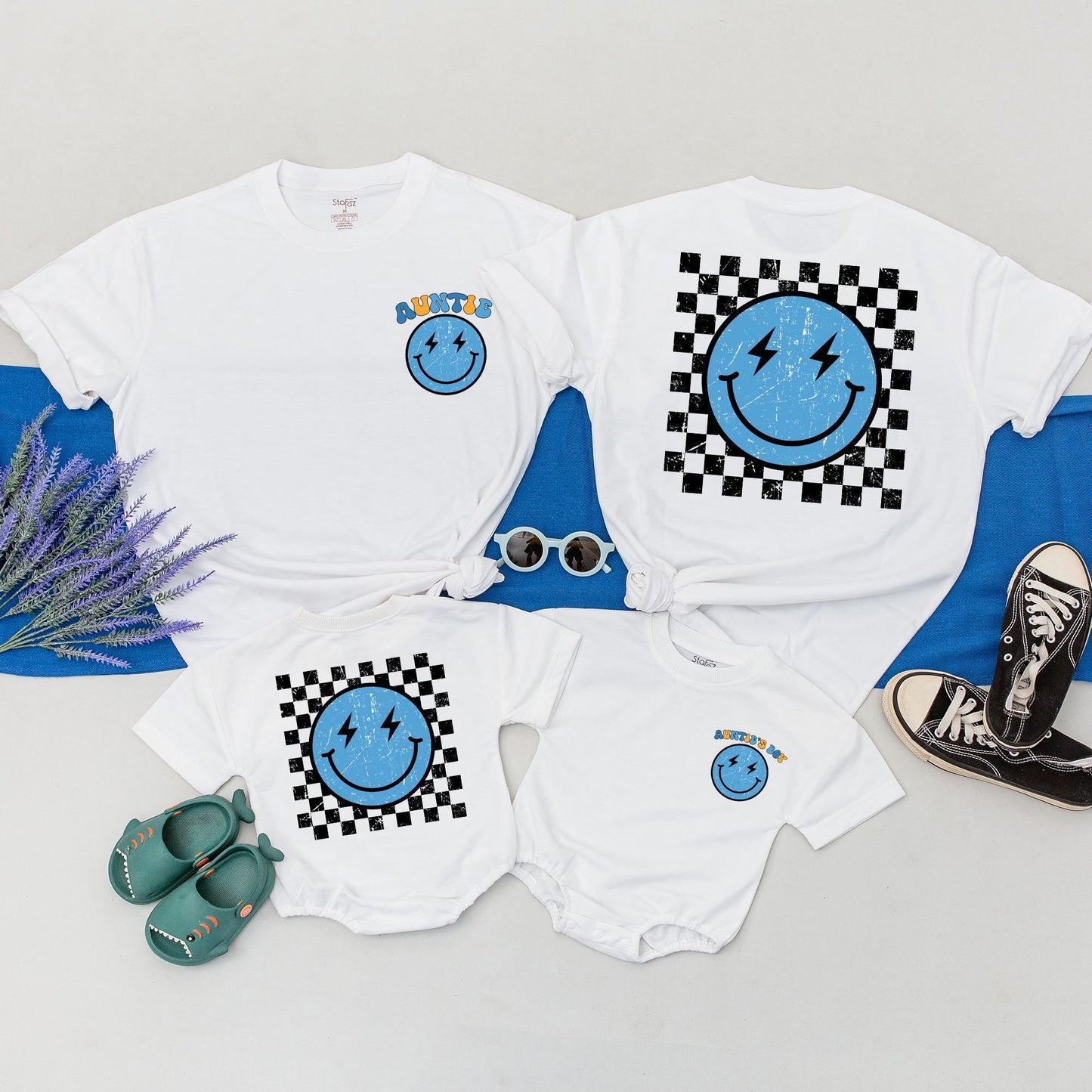 Personalized Auntie and Nephew Matching Retro Smiley Shirt Light Blue Lightning Eyes Design Checkered Pattern Auntie's Boy Niece Kid Outfit Comfy Family Gift