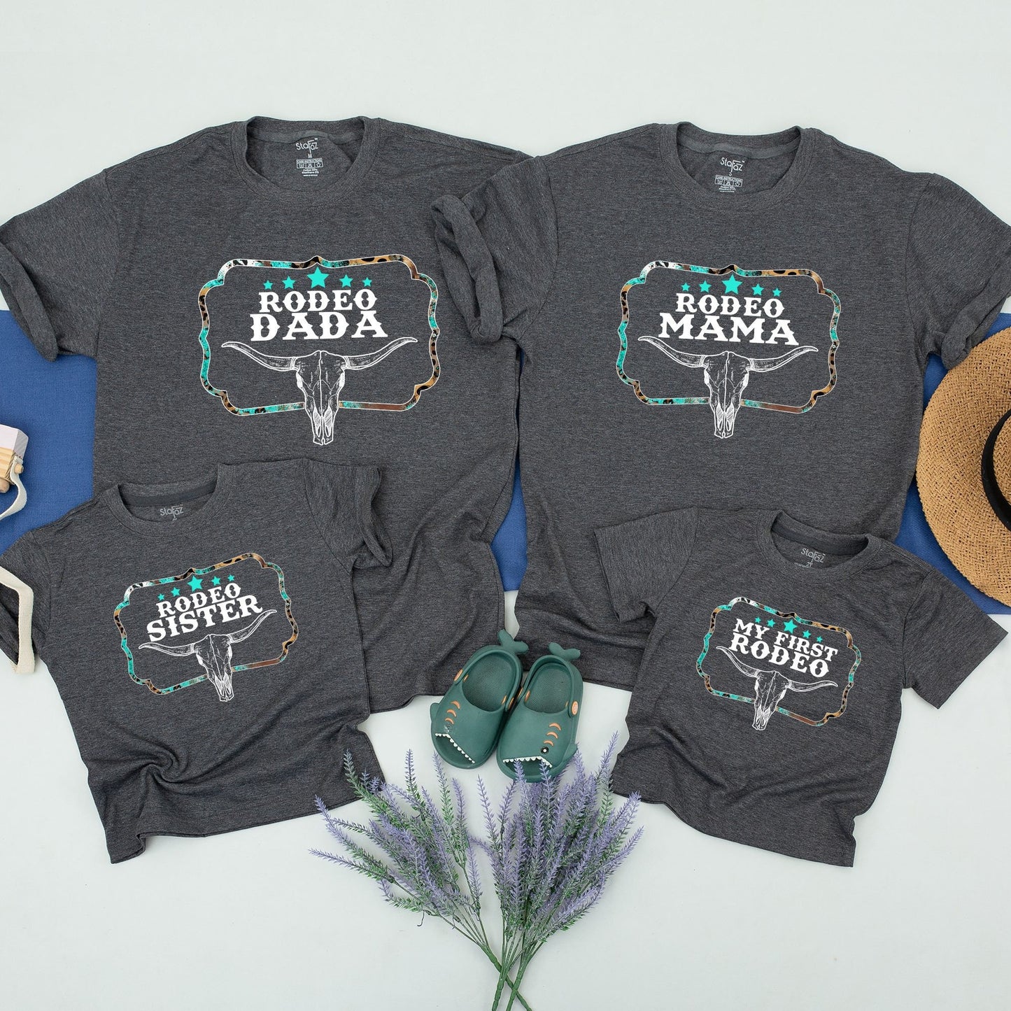 My First Rodeo Family Birthday Shirts, Matching Western Baby Outfit with Turquoise Leopard Frame Bull Skull Design, Playful Vintage Cowboy Theme