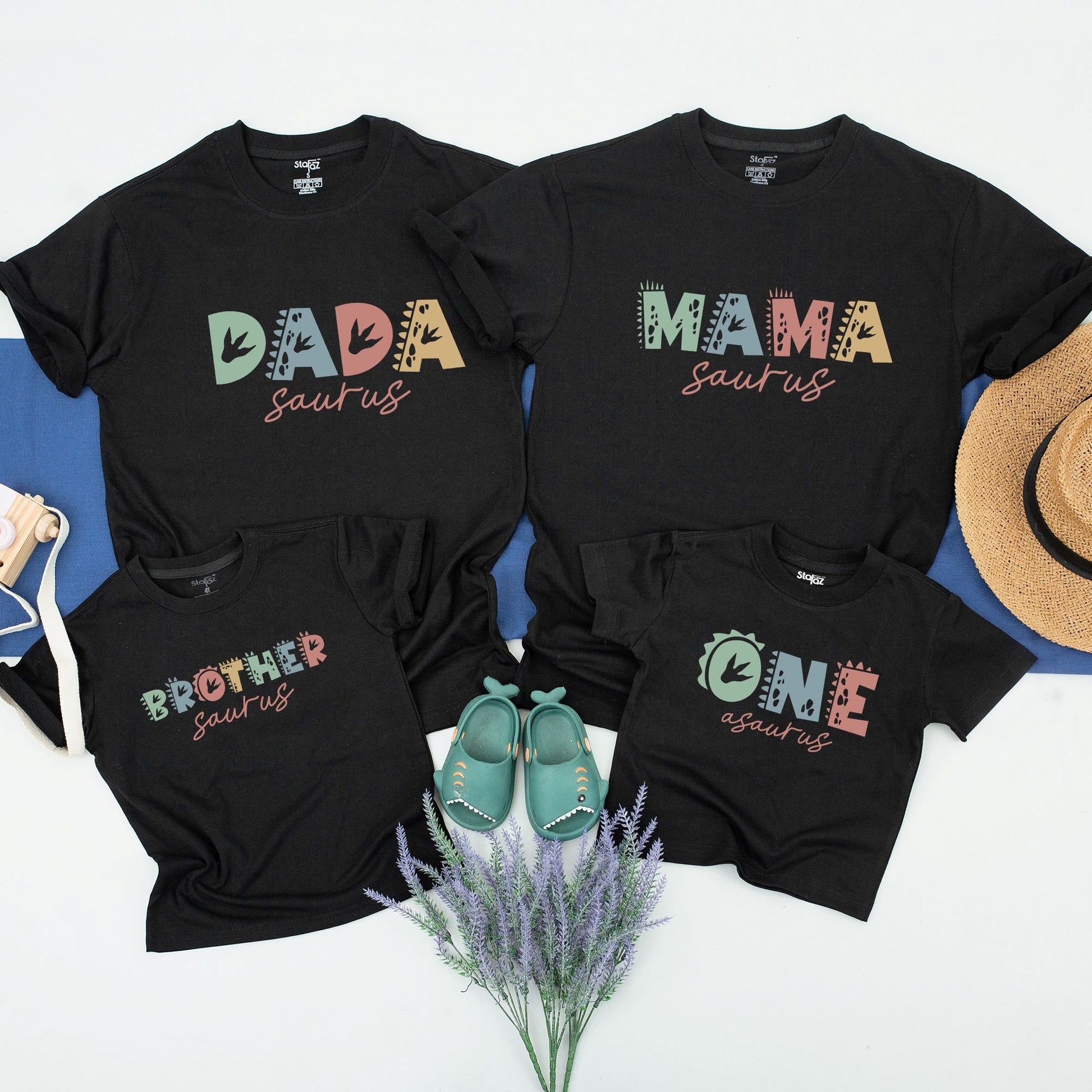 Custom Dinosaur Family Matching Birthday Shirts Saurus Names Playful Cartoon Dino Kids Toddler Soft Cotton Outfits Green Blue Yellow Design