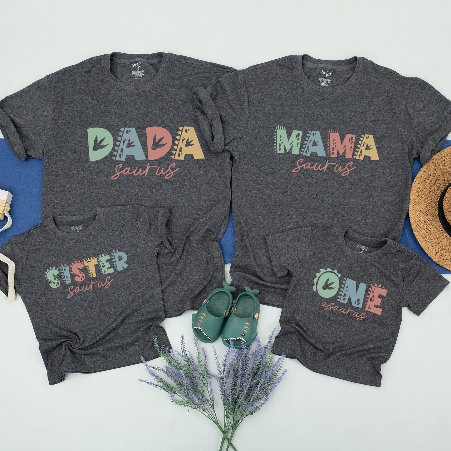 Custom Dinosaur Family Matching Birthday Shirts Saurus Names Playful Cartoon Dino Kids Toddler Soft Cotton Outfits Green Blue Yellow Design