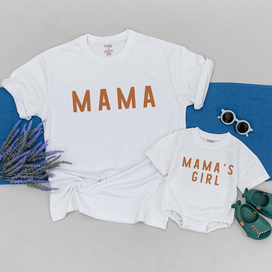 Matching Mama and Mama's Girl Brown Block Lettering Shirts Minimalist Modern Design Soft Cotton Mother Daughter Outfit Perfect Mothers Day Gift