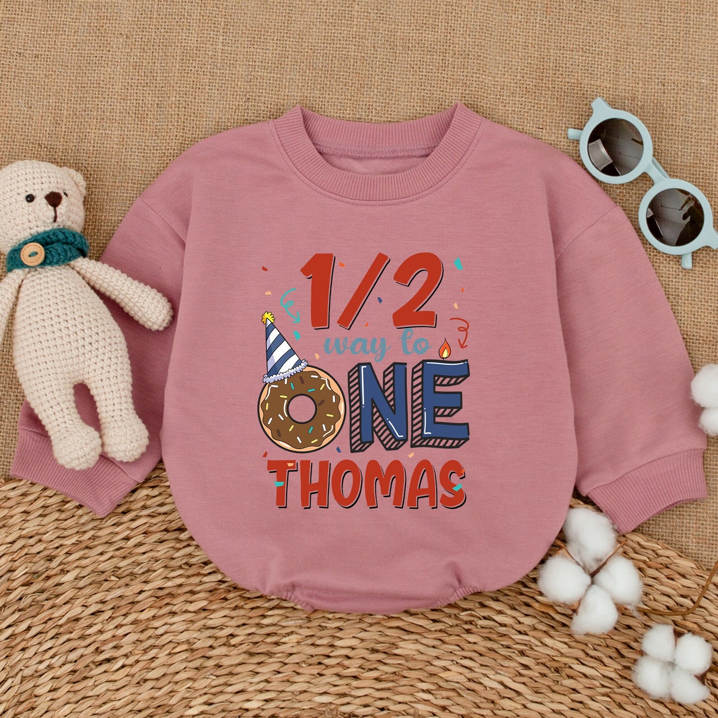 Personalized Baby Boy Half Birthday Romper 1/2 Way To One Donut Party Bodysuit Adorable Celebration Outfit Red Blue Confetti Design Gift